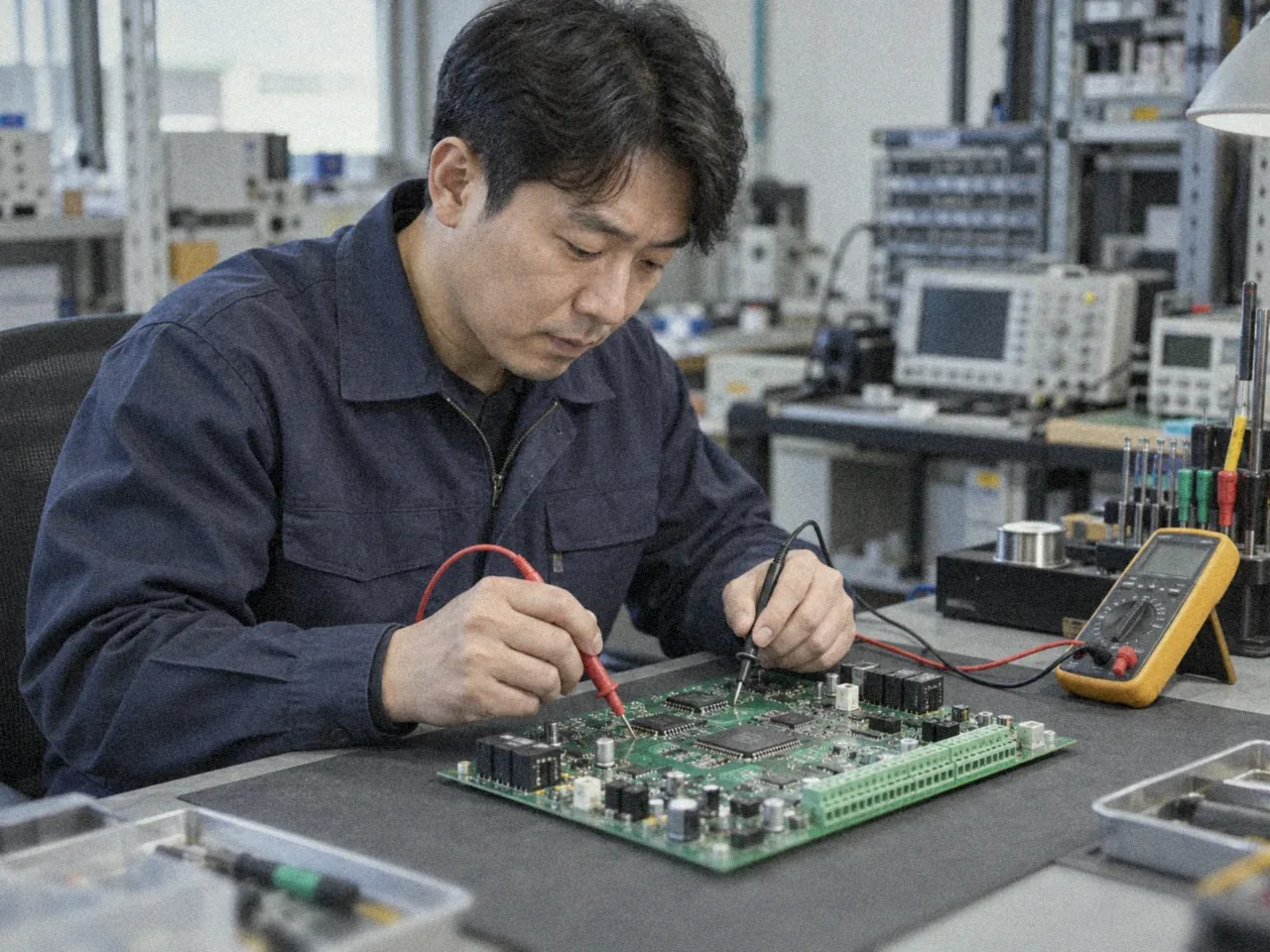 작업대에서 계측기로 PCB 보드를 점검하는 한국인 엔지니어